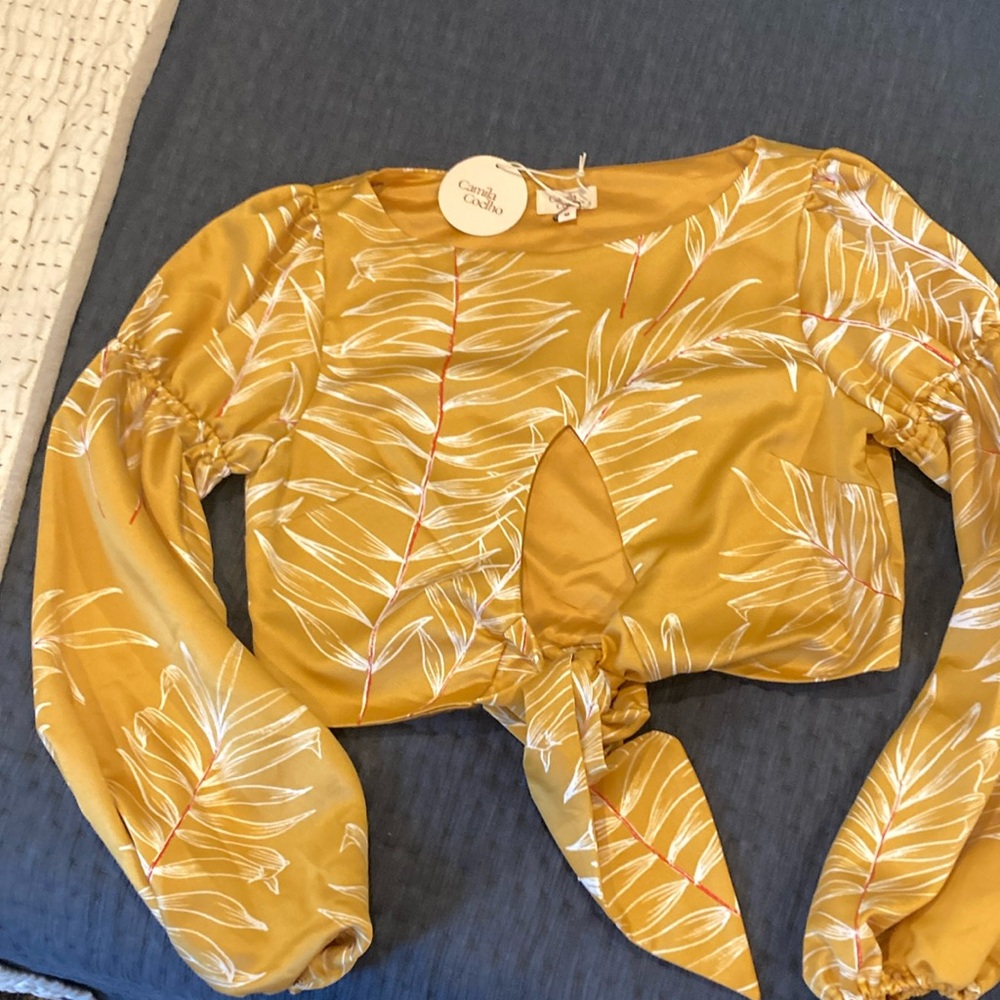Camila Coelho Mustard Leaf Print Tie-Front Blouse